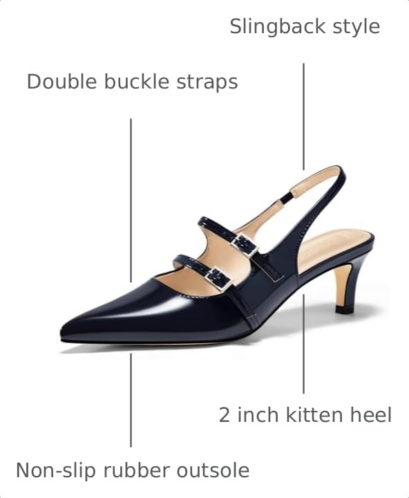 Image of Coutgo Womens Slingback Kitten Heels Mary Jane Pumps Closed Pointed Toe Buckle Strap Wedding Dress Shoes