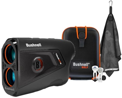 Bushnell Golf Tour V7 Shift Laser Rangefinder Patriot Pack with Tour Trusted Slope 1300 Yard Range 6X Magnification Magnetic Mount Dual Color Display Yardage Recall - Signature Series Golf Towel