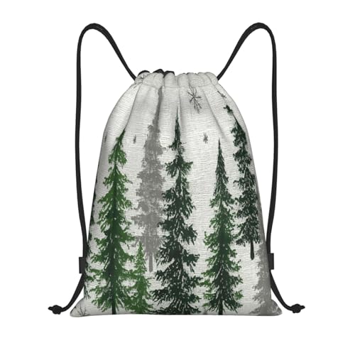 Drawstring Bag, Green Pine Tree Winter With Snowflakes Design Durable Water Resistant For Sport,Travel - Lightweight Sackpack