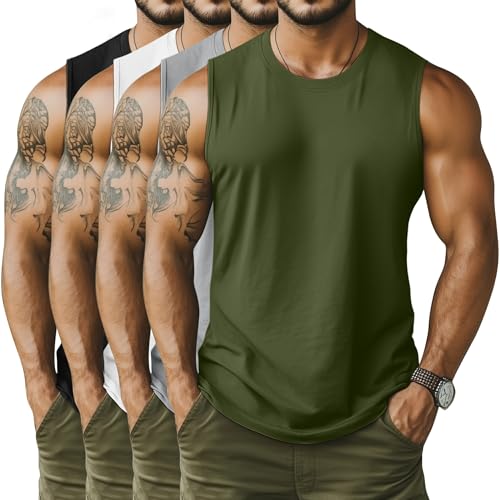 Neer 4 Pack Men's Big & Tall Tank Tops, Sleeveless Cotton Crew Neck T Shirts Casual Classic Shirts Muscle Quick Dry Tees