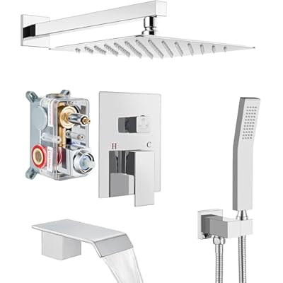 Cinwiny Shower System with Tub Spout Wall Mount Tub Shower Faucet Set Complete with Handheld Spray 3 Function Rough-In Valve Included,12 Inch Rainfall Shower Head,Polish Chrome