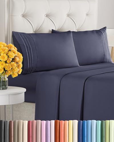 Image of Queen Size 4 Piece Sheet Set - Soft & Cooling Bed Sheets - Deep Slate Blue | Fits 8 Inch to 16 inch Mattress, Wrinkle Free & Fade Resistant with Deep Pockets, Breathable, Comfy Hotel Luxury Bedding