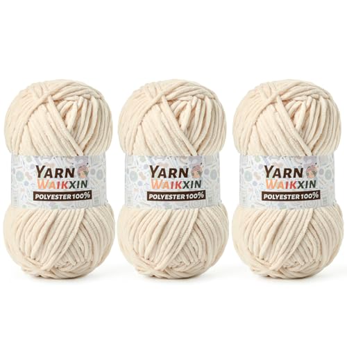 Image of 3 Pack Soft Chenille Yarn for Crocheting, Fluffy Chunky Crochet Yarn for Baby Blanket, (5.29oz /196.8yds) Fuzzy Velvet Yarn for Amigurumi&DIY Puzzle、Crafts、Scarf(3 Beige)