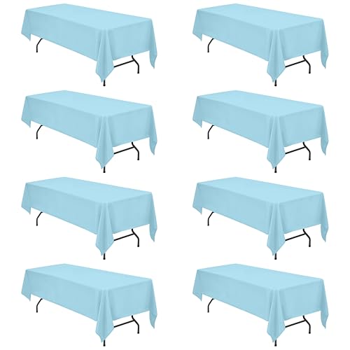 Image of BRILLMAX 8 Pack Light Blue Tablecloths 60x126 Inch for 8ft Rectangle Tables | 150 GSM Polyester Fabric, 15 inch Standard Drop, Water, Stain & Wrinkle Resistant Cloth Cover for Wedding Reception Banquet Party