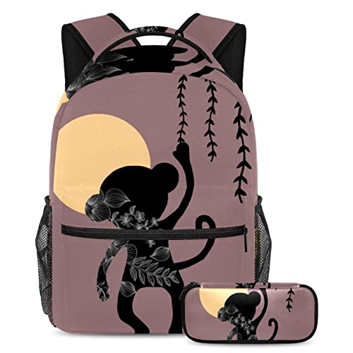 Sac à dos d'école singe contre le désordre ensemble 2 pièces avec trousse pour ados