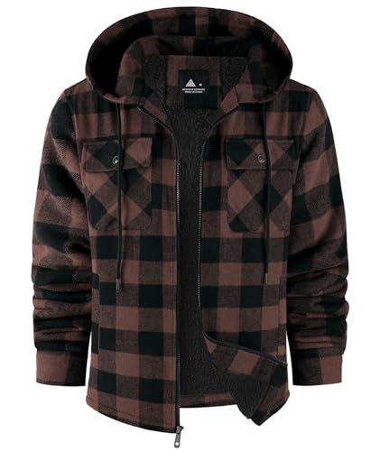 Image of V VALANCH Men's Flannel Shirt Jacket with Hood Fleece Lined Plaid Jacket Zip Up Winter Warm Coat