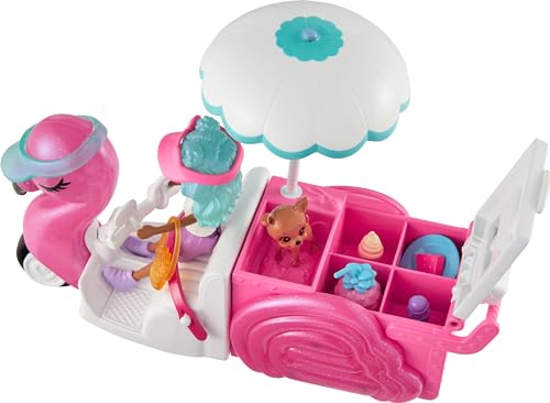 Polly Pocket Spielset für Puppen und Spielzeugfahrzeug, Snackwagen mit 7,6 cm Puppe, Haustier und 17 Zubehörteilen, inklusive Essen und Kleidung