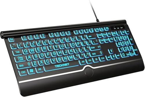 TECKNET Large Print Backlit Keyboard, Wired USB-A Computer Keyboard with Wrist Rest, 7-Color...