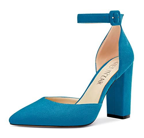 HEUIVZAR Women Pumps Pointed Toe Block Chunky High Heel Ankle Strap Two-Piece Dress Shoes Classic Wedding Suede 4 Inch - Main Image