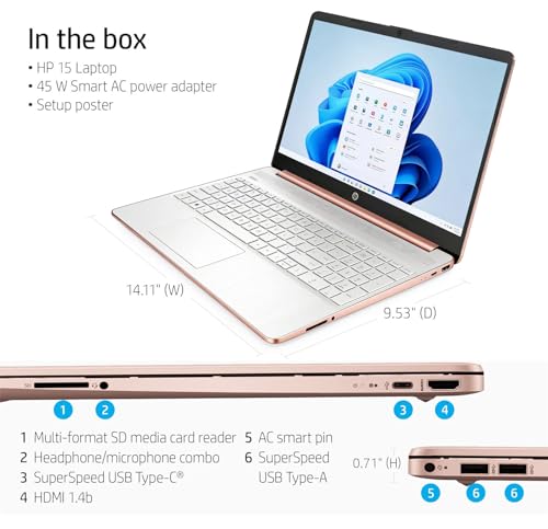 Image of HP 2026 New 15.6 inch Rose Gold UltraBook Laptop, AMD High Performance CPU, 1.1TB Storage (1TB OneDrive + 128GB SSD), WiFi, Windows 11 Home with Office 365, Thin & Lightweight, Mouse & Sleeve Included