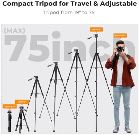 K&F Concept Camera Tripod, 75" Lightweight Portable Travel Outdoor DSLR Tripods for Camera Phone Video Recording, Heavy Duty Tripod Stand, Cellphone Clip for Smartphone Live Streaming Vlog