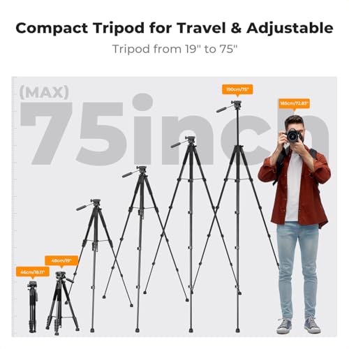 K&F Concept Camera Tripod, 75" Lightweight Portable Travel Outdoor DSLR Tripods for Camera Phone Video Recording, Heavy Duty Tripod Stand, Cellphone Clip for Smartphone Live Streaming Vlog