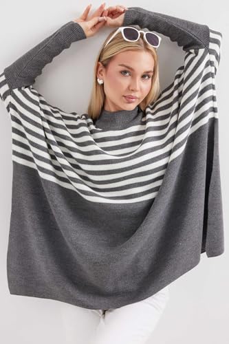 Image of Women's Crew Neck Batwing Sleeve Split Hem Oversized Knit Poncho Sweater