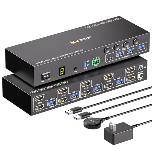 Image of HDMI KVM Switch 2 Monitors 4 Computers 4K@60Hz EDID Simulation, 4 Port KVM Switch Dual Monitor with 4 USB 3.0 Ports for USB Peripherals, Audio, RS232, with Wired Remote, 12V Power and 4 USB Cables