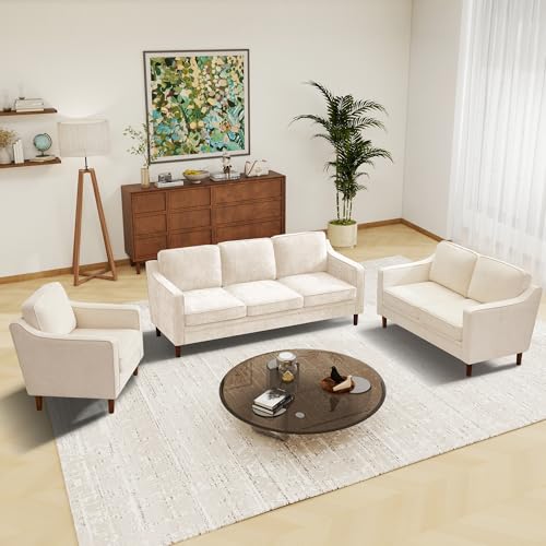 Image of Kingfun Living Room Furniture Sets, 3 Seater Couch, Armchair and Loveseat, Mid Century Modern Sofa Set, Chenille Couch with Solid Wood Frame for Living Room & Bedroom, Beige