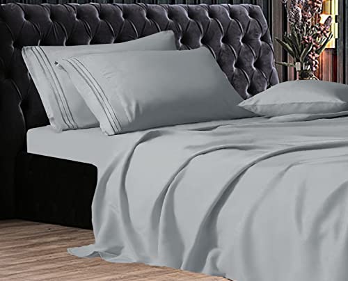 Elegant Comfort Luxe Quality Microfiber 3-Line Sheet Set Breathable, Buttery-Smooth Weave, 1500 Premium Hotel Quality, 4-Piece Sheet Set, Deep Pocket, Queen, Silver