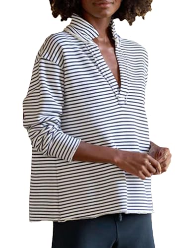 Zontroldy Women's Casual V Neck Pullover Sweatshirt Long Sleeve Solid Color/Stripe Polo Collared Shirts Tops