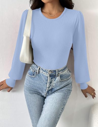 Image of Zeagoo Womens Sweaters Long Sleeve Bodysuits 2026 Fall Crewneck Puff Knit Pullover Tops