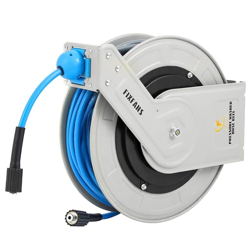 FIXFANS Pressure Washer Hose Reel with Hose 1/4 100ft Retractable Power Washer Hose Reel Heavy Duty Hose Reel Auto Rewind Wall Mounted 3600 PSI