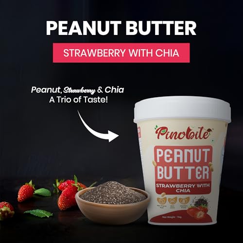 Image of Pinobite Strawberry Flavored Peanut Butter Crunchy 1kg, 100% Roasted Peanuts & Chia Seeds Unsalted, Unsweetened, Gluten-Free, High-Protein 24gm, Healthy Spread for Breads, Smoothies
