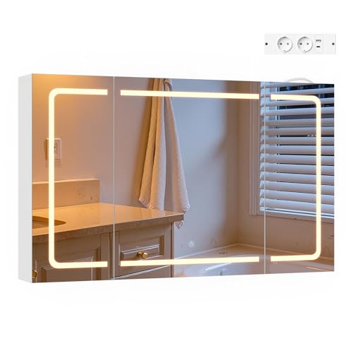 Luce Regolabile: questo specchio bagno contenitore è dotato di un design con regolazione della luce a tocco. Tieni premuto per accendere la regolazione continua della luminosità, premi brevemente per cambiare tra 3 temperature di colore: luce calda morbida da 3000 K, luce naturale equilibrata da 4500 K e luce fredda brillante da 6000 K. Soddisfa diverse esigenze, come il trucco, la cura della pelle e la rasatura!
