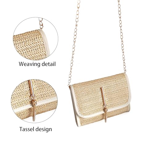 Straw Crossbody Bag for Women, Small Purse Casual Beach Rattan Clutch Summer Vacation Wristlet Wallet Chain Strap with Tassel Woven Hobo Leather Shouder Bag, Beige (7.1''L X5.7''W X1.6''H)2