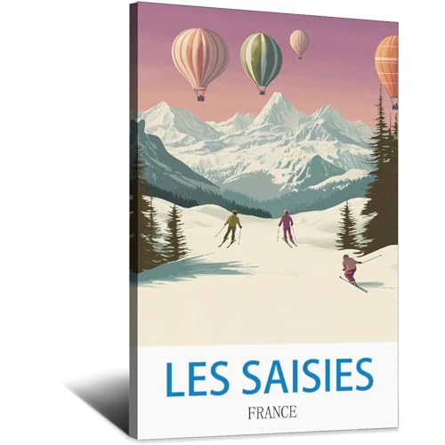 Poster de voyage vintage Les Saisies France 60 x 90 cm pour décoration murale alpine