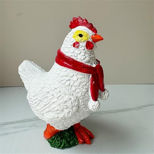 Kouoybt Weihnachtliche Hahn-Figur, niedliches Huhn, kleine Tier-Statue, Kunstharz-Statue, Outdoor-Dekoration für Garten, Hof (weiß, 12,5 x 6,7 x 13,8 cm)