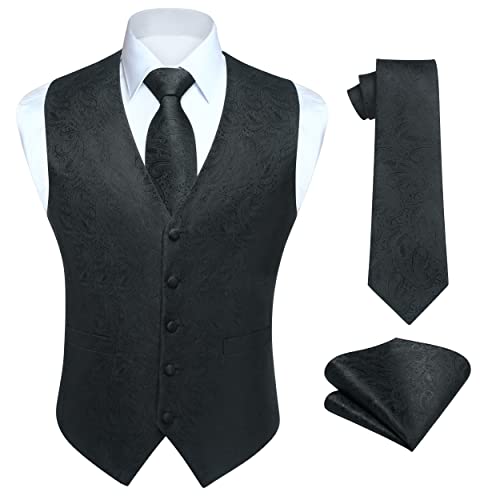 Image of HISDERN Vest and Tie Sets for Men Vests Paisley Floral Jacquard Necktie Pocket Square 3PCS Waistcoat for Suit or Tuxedo