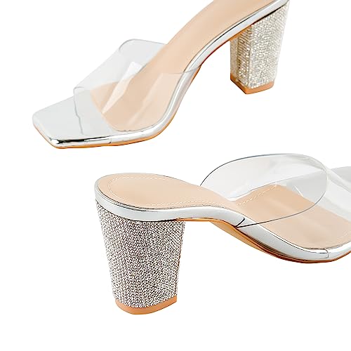 Women's Square Toe Rhinestone Heeled Sandals - Clear Chunky Slipper Mules Backless Slip on for Parties Weddings Nightclub4