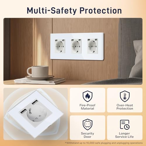 BSEED USB Steckdose Tripel Weiß Schuko Steckdose mit USB Anschluss (Max. 2.1A) Unterputz Steckdose Glas Schutzkontakt-Steckdose Ladegerät für Handys, Laptops etc
