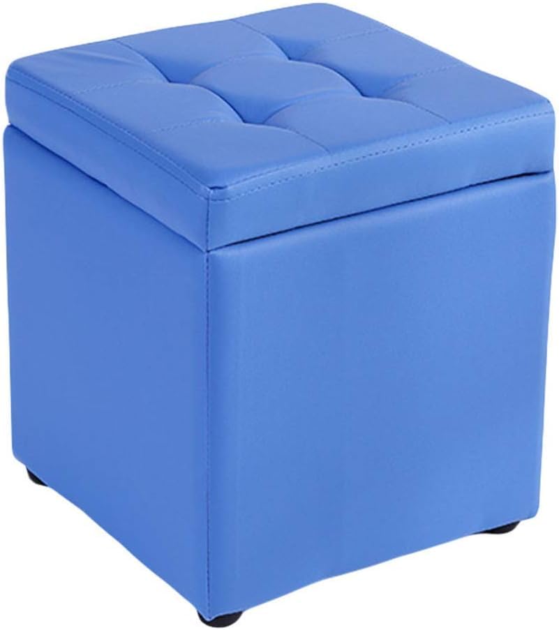 Repose-Pieds Ottoman Bleu en Faux Cuir de 30x30x35cm avec Coffre de Rangement Intégré