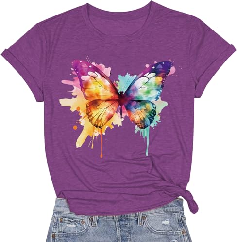 Image of Cat Shirts for Women Butterfly Graphic Tops Dandelion T Shirt Womens Vacation T-Shirt Nature Lover Tee
