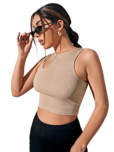 Verdusa Women's Cut Out Sleeveless Round Neck Slim Fitted Ribbed Tank Crop Top Khaki M #TOP3