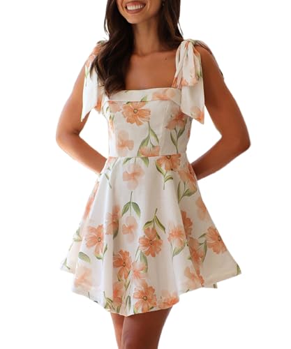 Image of Women Y2k Tie Shoulder Mini Dress Sleeveless Flowy Babydoll Dress Boho Floral Aline Short Sundress