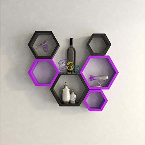 Image of BAS Engineered Wood Brown Art Shoppee Decorative Display With Hexagon Shape Set Of 6 Floating Wall Shelves And Racks For Living Room (Black & Purple)