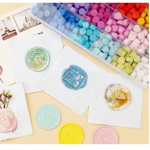 MplehDa Zestaw 600 sztuk wosku do pieczęci, zestaw 24 kolorów, ośmiokątne perły woskowe z 2 świeczkami typu tealight i 1 łyżką do topienia, wosk do stempli, do uszczelniania i dekoracji listów (A)
