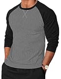 TARAINYA Langarmshirt Herren Baumwolle Rundhals Longsleeve T-Shirt Männer Patchwork mit Ausschnittnäht Dunkelgrau Schwarz L