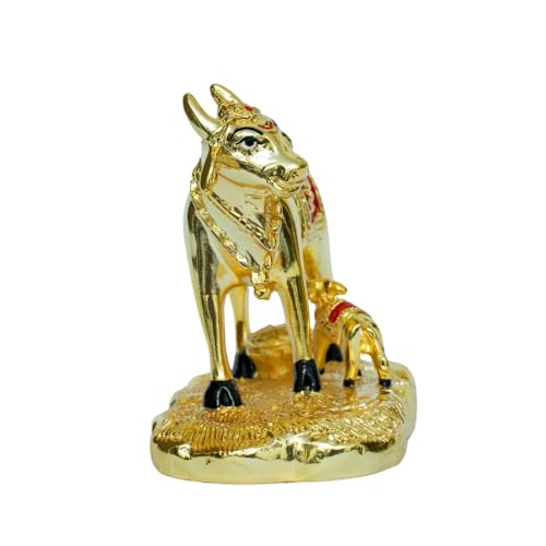 Image of Gold Plated Cow and Calf Idol | Medium Size Gomata Statue for Home Temple & Vastu | Prosperity Showpiece for Pooja & Decor | Hindu Sacred Cow Figurine | 9 x 6 x 10 cm