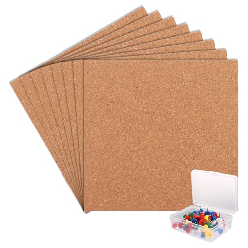 ASelected 8 Pcs Square Cork Boards Thick Self-Adhesive Corks Board for Walls Tiles Bulletin Boards with 60Pins Cork Board Tiles for Pictures Photos Drawing for Office Home School Bedroom
