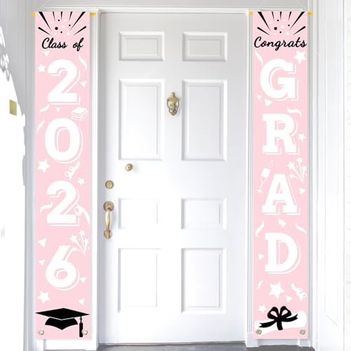 Image of Graduation Porch Banner Class Sign Congrats Grad Hanging Flags High School College University Party Decoration For Front Door Outdoor Pink