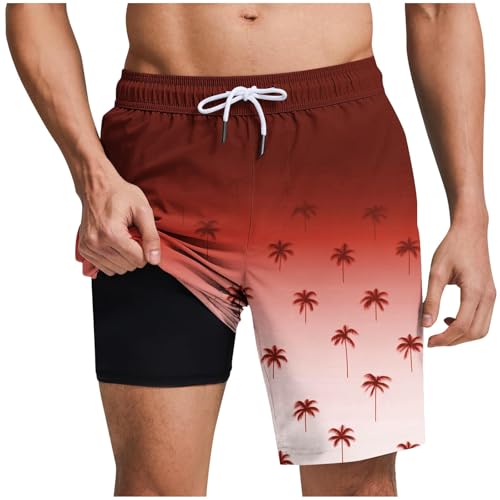 Mens Summer Casual Beach Shorts 2 in 1 Trunks Comfortable Quick Dry Elastic Waist Shorts Graphic Coconut Tree Print
