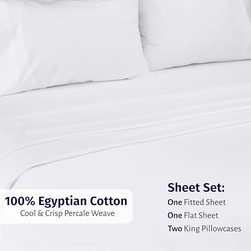 Image of California Design Den Certified 100% Egyptian Cotton Sheets King Size Deep Pocket Set - King Percale Sheet Set with Deep Pockets, Lightweight, Crisp, Durable Luxury Bedding - White