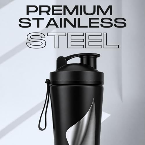 Image of Speedex YouFit Customized Stainless Steel Gym Shaker Bottle 750ml with Mixing Ball, Leakproof Flip Cap, Wide Mouth, Measurement Markings, Personalized Name /Logo Metal Protein Shaker - Black