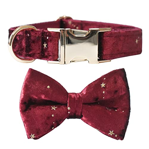 Hearos Hundehalsband mit Fliege, weiches und bequemes Samt, mit abnehmbarer Fliege, goldfarbene Metallschnalle für Welpen, kleine, mittelgroße und große Mädchen (XL, Rot) Cover