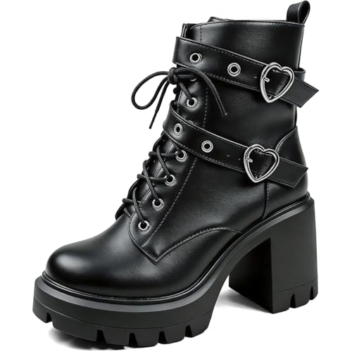 Image of MEOTINA Women Platform Boots Black Chunky Heel Ankle Booties Lace Buckle Combat Boots with Zipper High Heel Goth Shoes