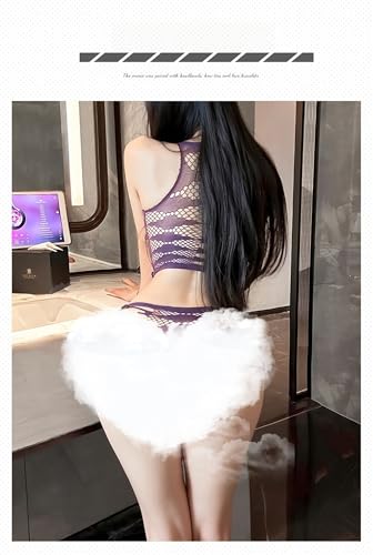 セクシー コスプレ ランジェリー セパレート レオタード 2点セット ボディストッキング 全身タイツ 網タイツ シースルーレオタード ハイレグレオタード 女性用 女装 コスチューム 写真 摄影 仮装 制服 ハロウィン クリスマス 衣装 (パープル/ブラック) - 画像4