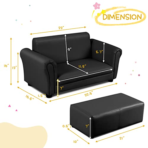 HONEY-JOY-Kids-Sofa-2-Seat-Toddler-Couch-Lounge-Bed-with-Ottoman-Sturdy-Wood-Construction-Children-PU-Leather-Upholstered-Loveseat-Armrest-Chair-for-Bedroom-Living-Room-Double-Seat-wStool-Black HONEY JOY Kids Sofa 2 Seat Toddler Couch Lounge Bed with Ottoman Sturdy Wood Construction Children PU Leather Upholstered Loveseat Armrest Chair for Bedroom Living Room Double Seat wStool Black