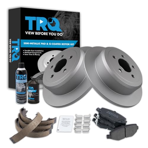 Image of TRQ Rear Brake Pad & Rotor Kit, with Chemical Kit Parking Brake Shoe Set Semi-Metallic Compatible with 2007-2011 Dodge Nitro 2008-2012 Jeep Liberty