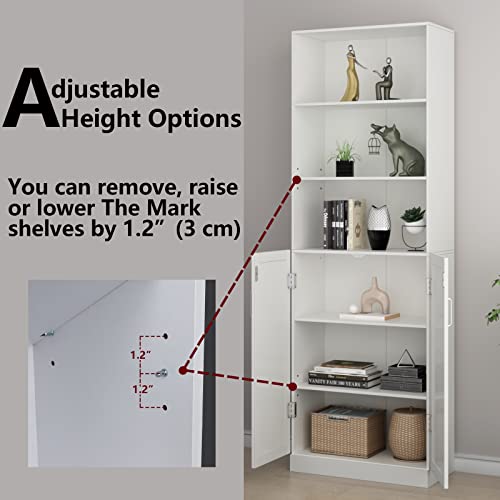 Loomie Industrial Boolshelf With Door, 6 Tier Farmhouse Book Shelf With Adjustable Shelves,70" Tall Display Etagere Bookcase,Floor Standing Unit Book Case Furniture For Home Office,Living Room (White) #TOP5